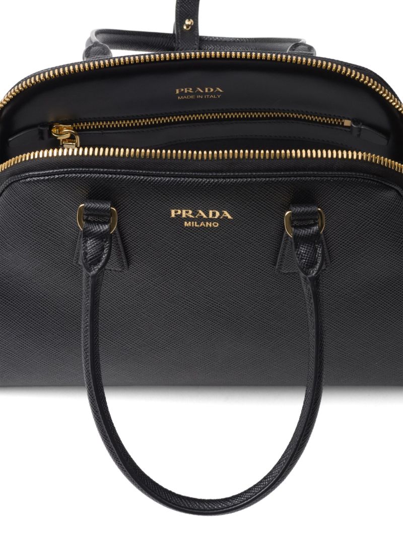 Black Logo Medium Leather Tote Bag