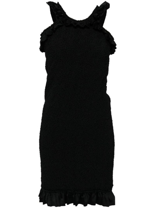 Black Ruched Ruffle-trim Midi Dress