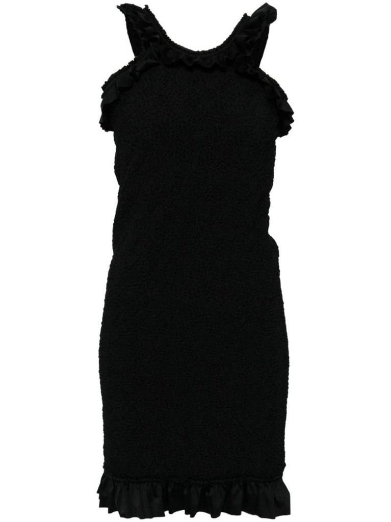 Black Ruched Ruffle-trim Midi Dress