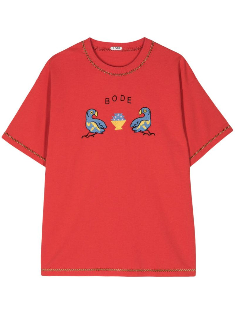 Red Twin Parakeet Embroidered T-shirt