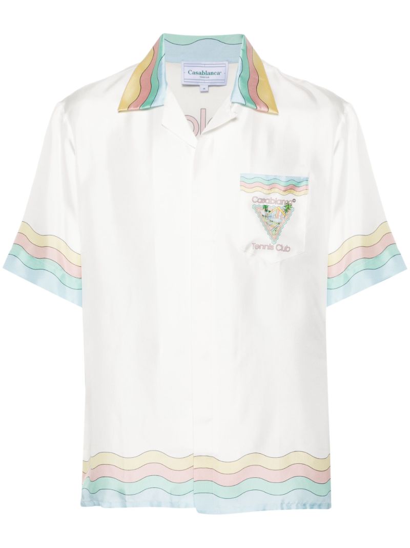 White Scallop-printed Edges Silk Short-sleeved Shirt