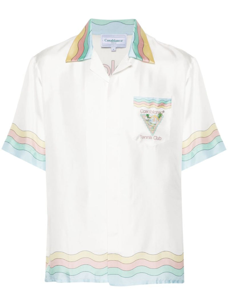 White Scallop-printed Edges Silk Short-sleeved Shirt