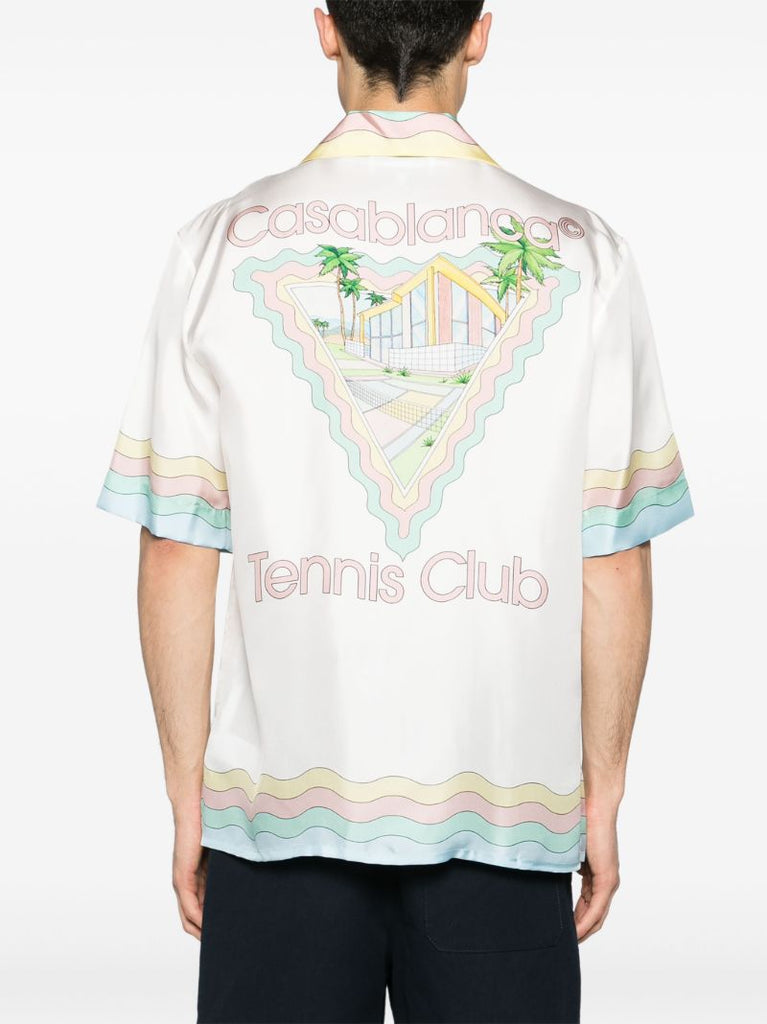 White Scallop-printed Edges Silk Short-sleeved Shirt