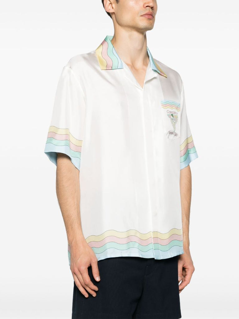 White Scallop-printed Edges Silk Short-sleeved Shirt