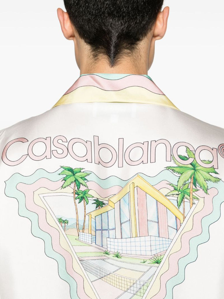 White Scallop-printed Edges Silk Short-sleeved Shirt