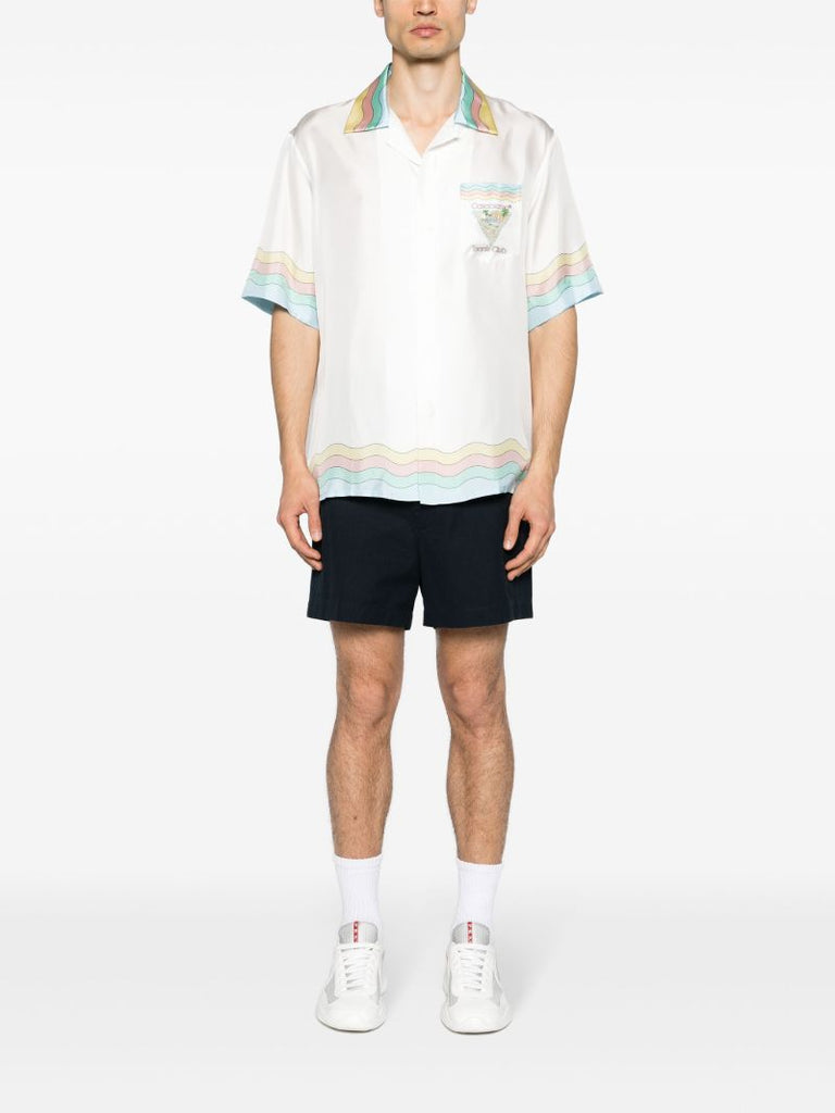 White Scallop-printed Edges Silk Short-sleeved Shirt