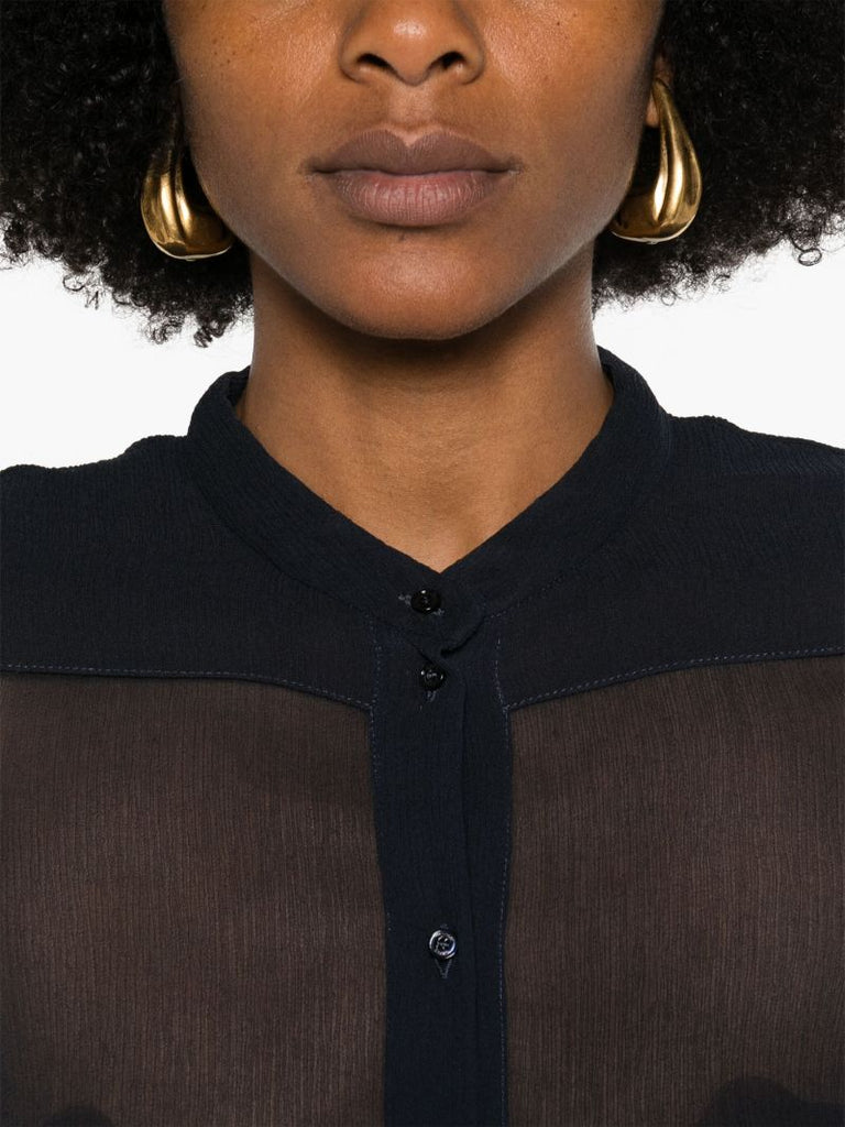 Blue Collarless Silk CrÃ_x0083_Âªpon Blouse