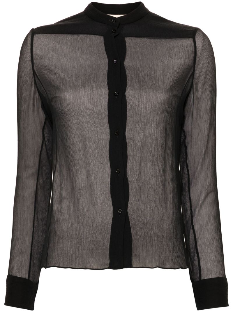 Blue Collarless Silk CrÃ_x0083_Âªpon Blouse
