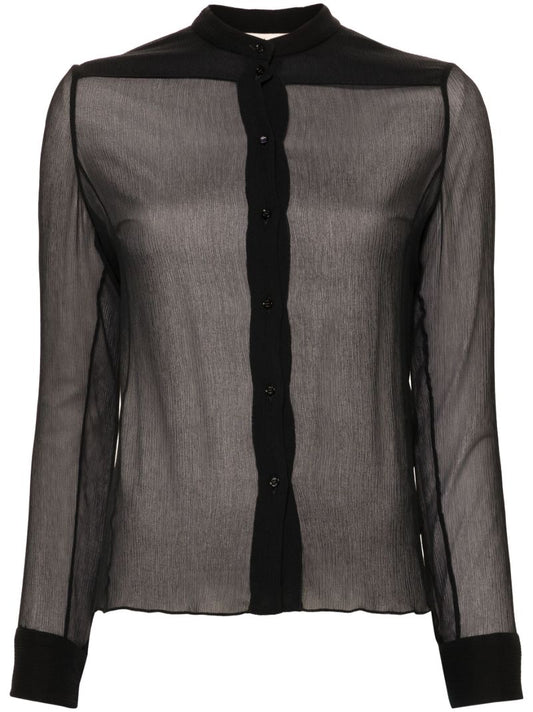 Blue Collarless Silk CrÃ_x0083_Âªpon Blouse