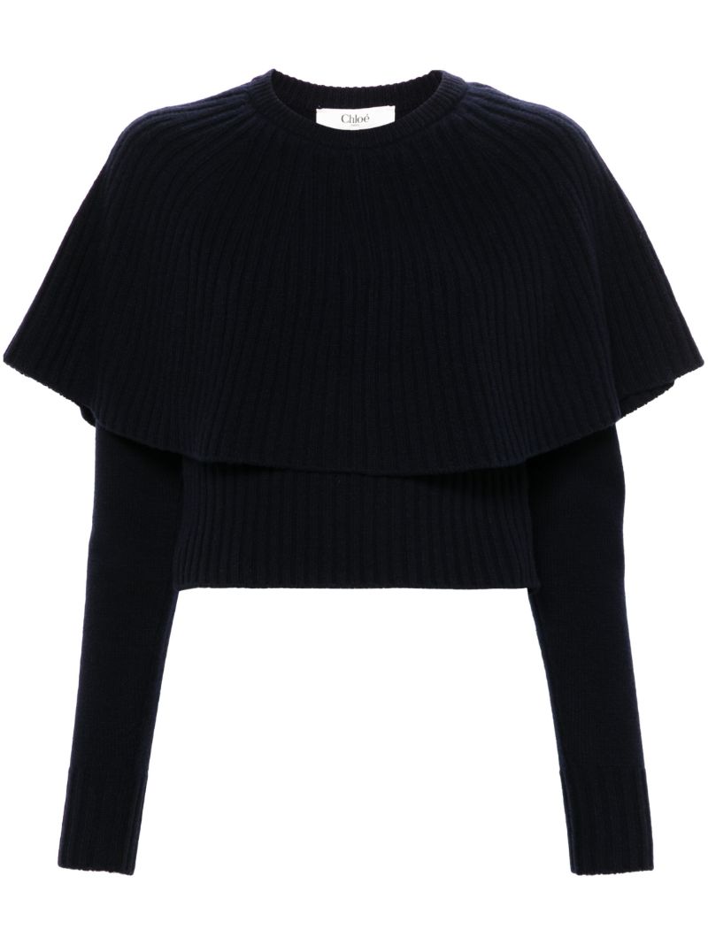 Blue Ribbed-knit Cape Sweater