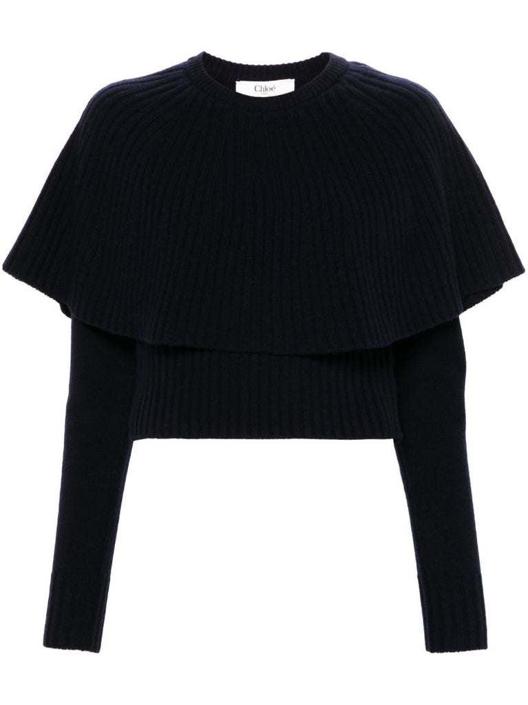 Blue Ribbed-knit Cape Sweater