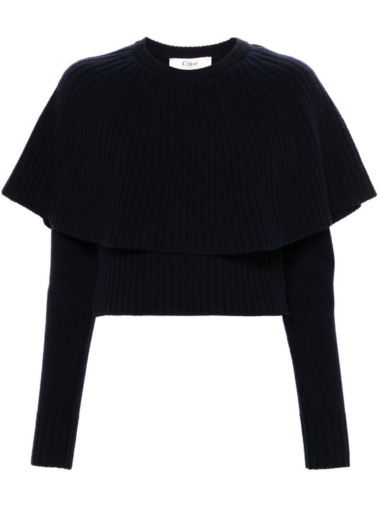 Blue Ribbed-knit Cape Sweater