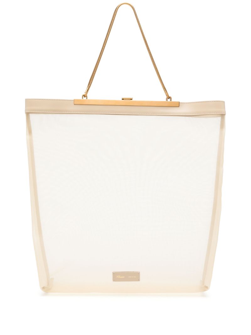 Beige Sheer Panel Metal Frame Tote Bag
