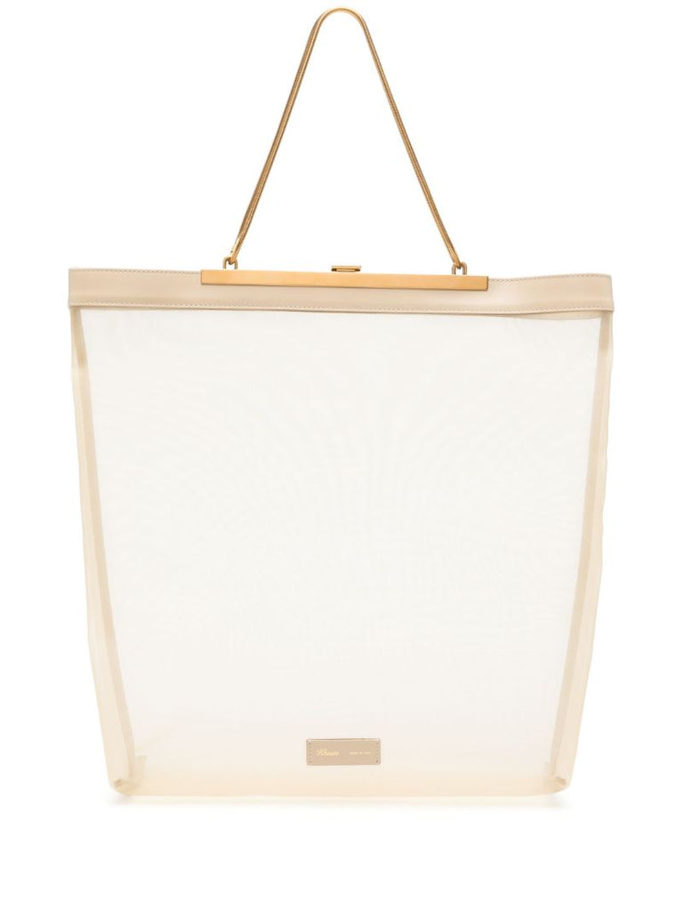 Beige Sheer Panel Metal Frame Tote Bag