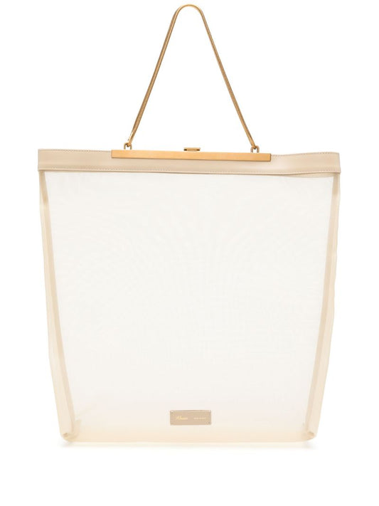 Beige Sheer Panel Metal Frame Tote Bag