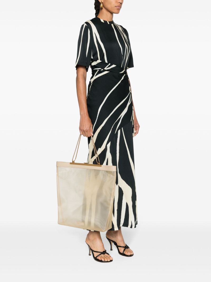 Beige Sheer Panel Metal Frame Tote Bag