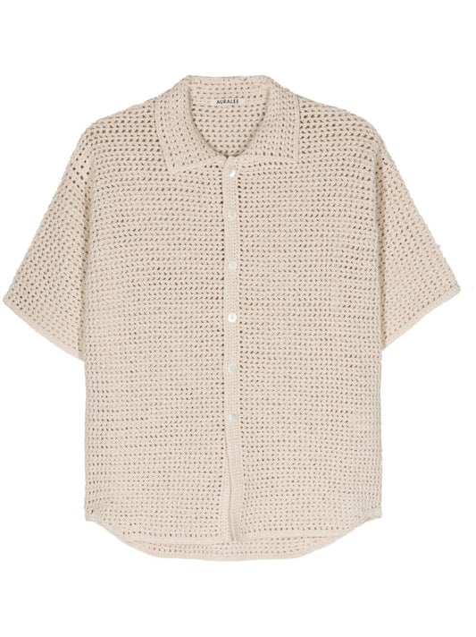 Neutral Crochet Knit Cotton Shirt