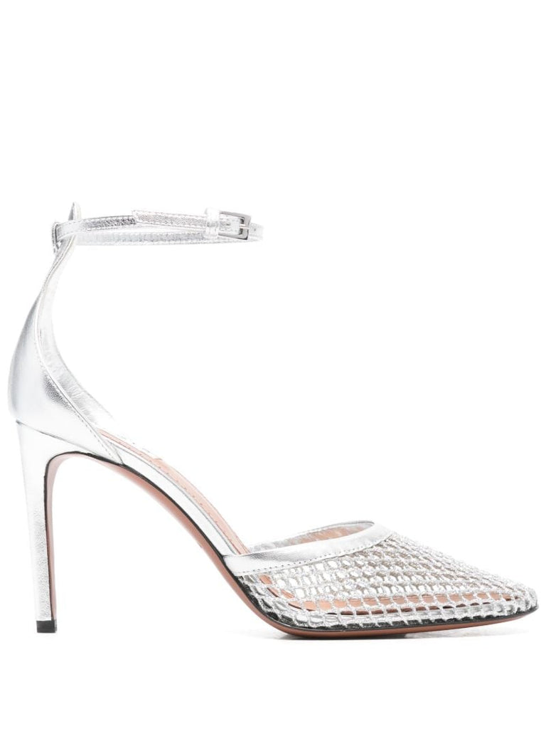 Silver-tone High Fishnet 90 Leather Pumps