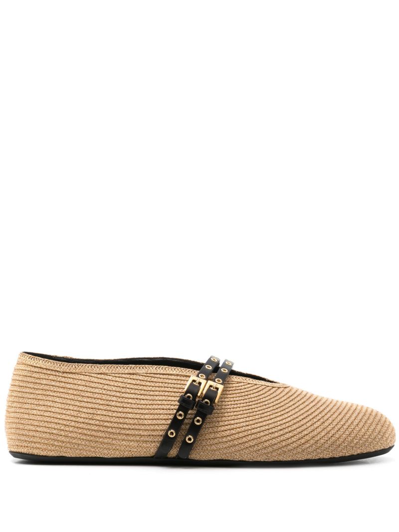 Neutral Double-buckle Straw Ballerina Shoes