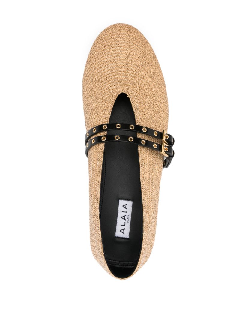 Neutral Double-buckle Straw Ballerina Shoes