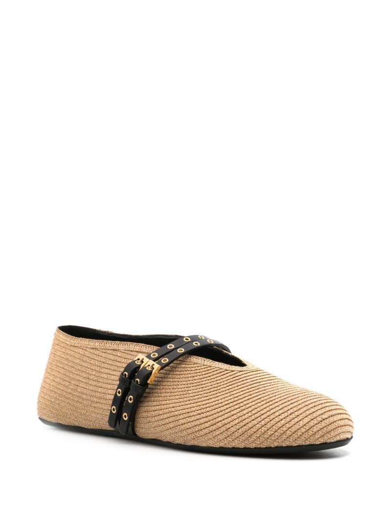 Neutral Double-buckle Straw Ballerina Shoes