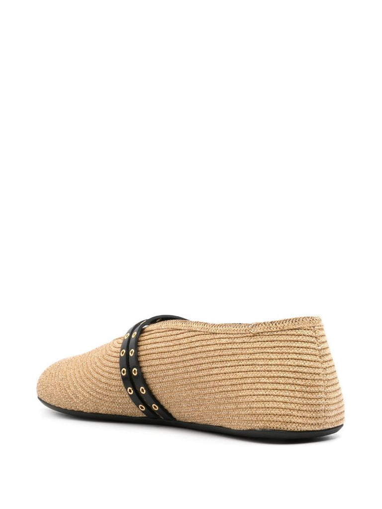 Neutral Double-buckle Straw Ballerina Shoes