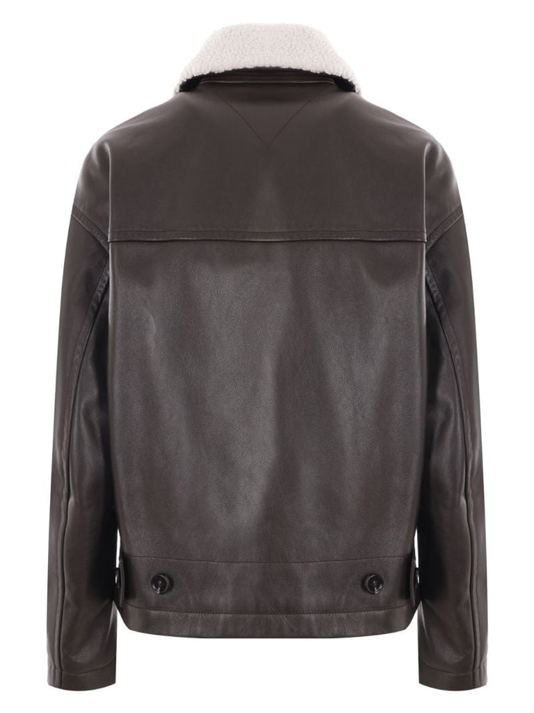 Brown Contrast-collar Leather Jacket