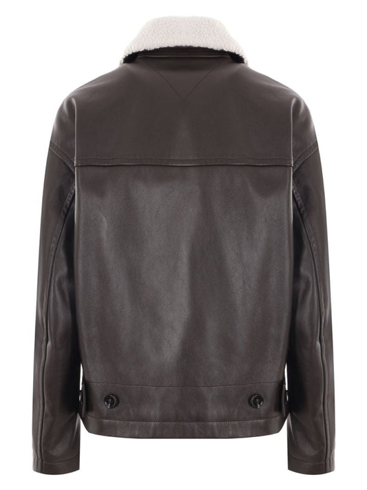 Brown Contrast-collar Leather Jacket
