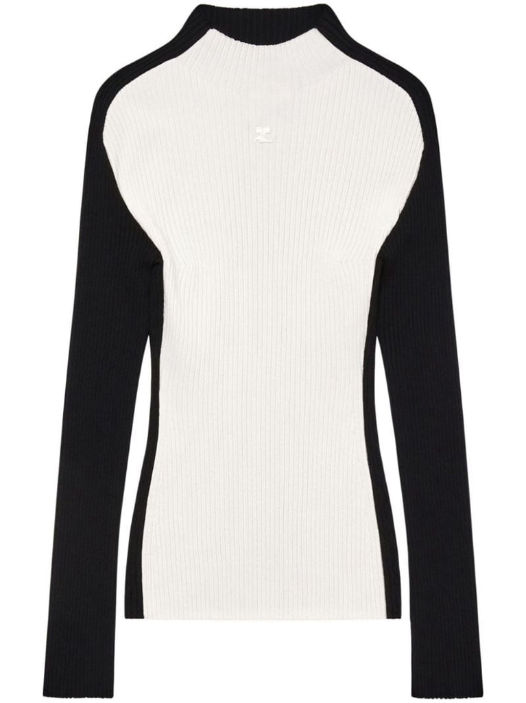 White Colour-block Ribbed Sweater