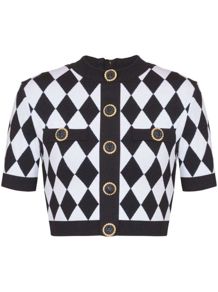 Black and White Diamond Jacquard Knitted Top