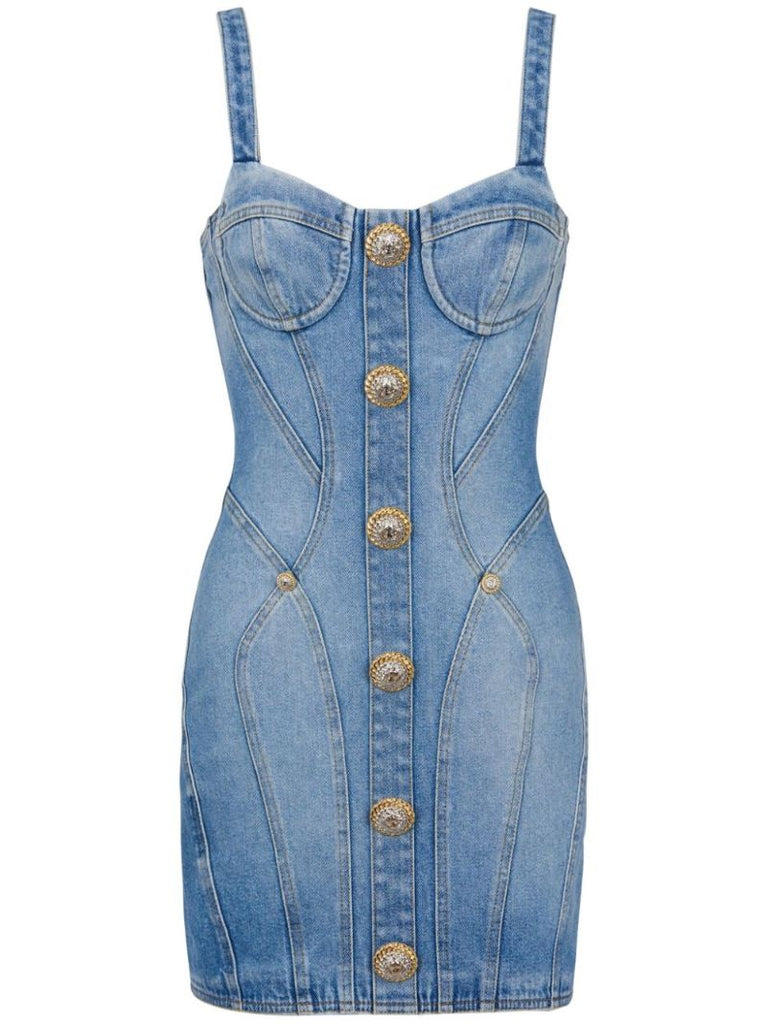 Blue Button-embellished Denim Mini Dress