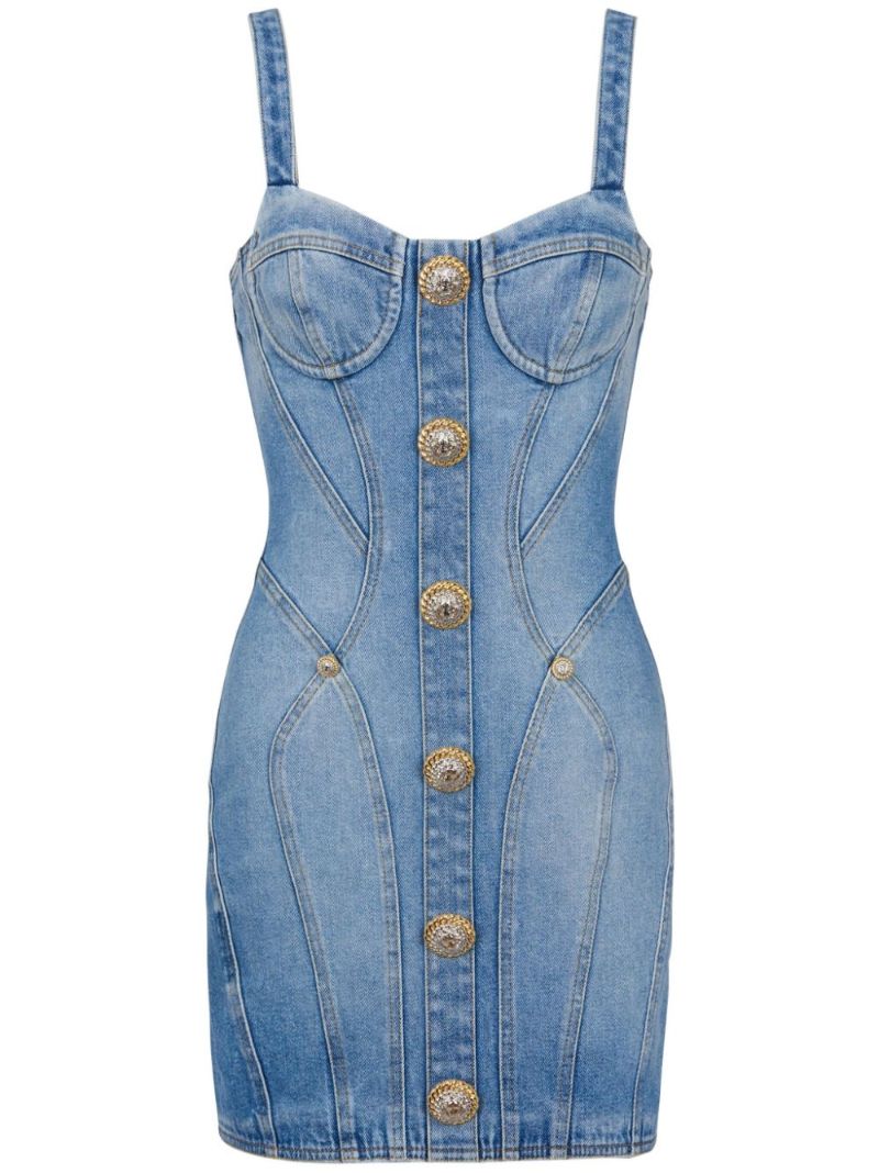 Blue Button-embellished Denim Mini Dress