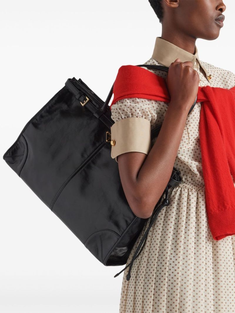 Black Triangle Logo Leather Tote Bag
