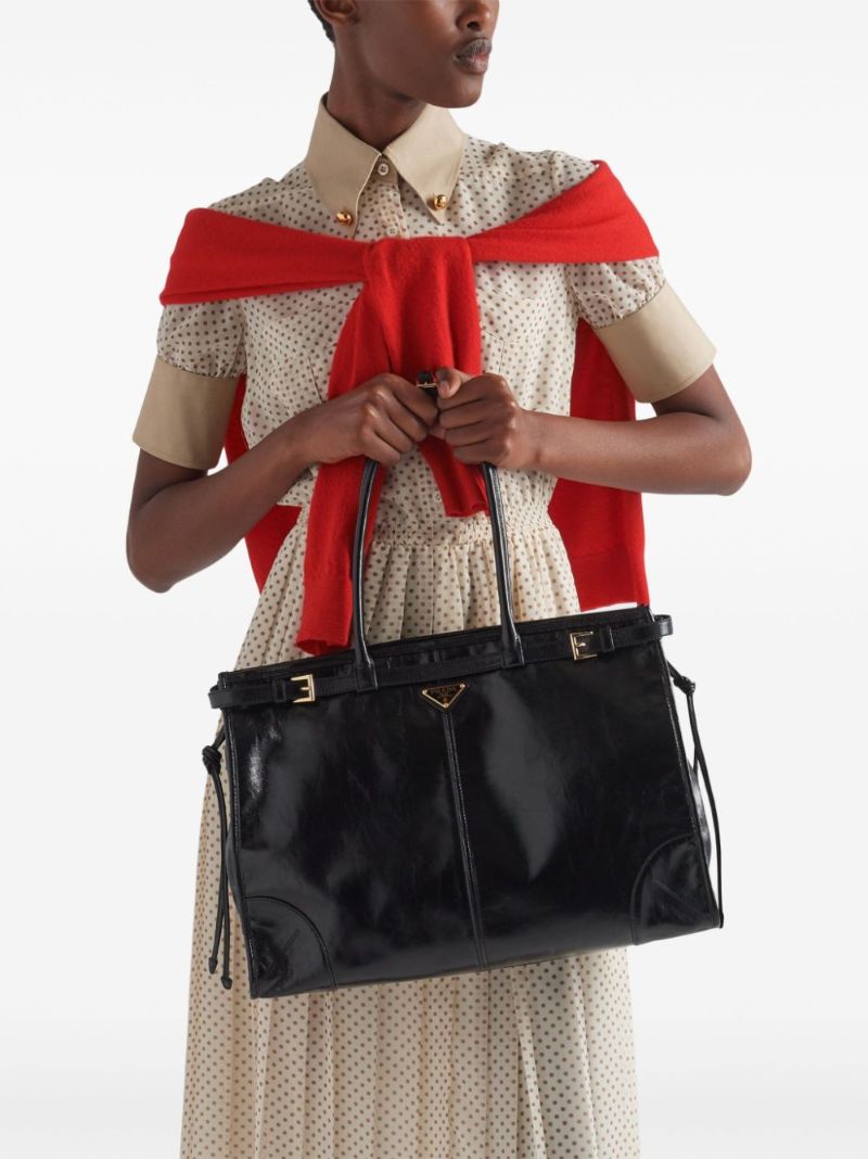 Black Triangle Logo Leather Tote Bag