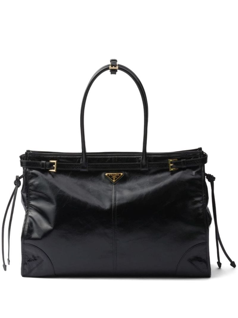 Black Triangle Logo Leather Tote Bag