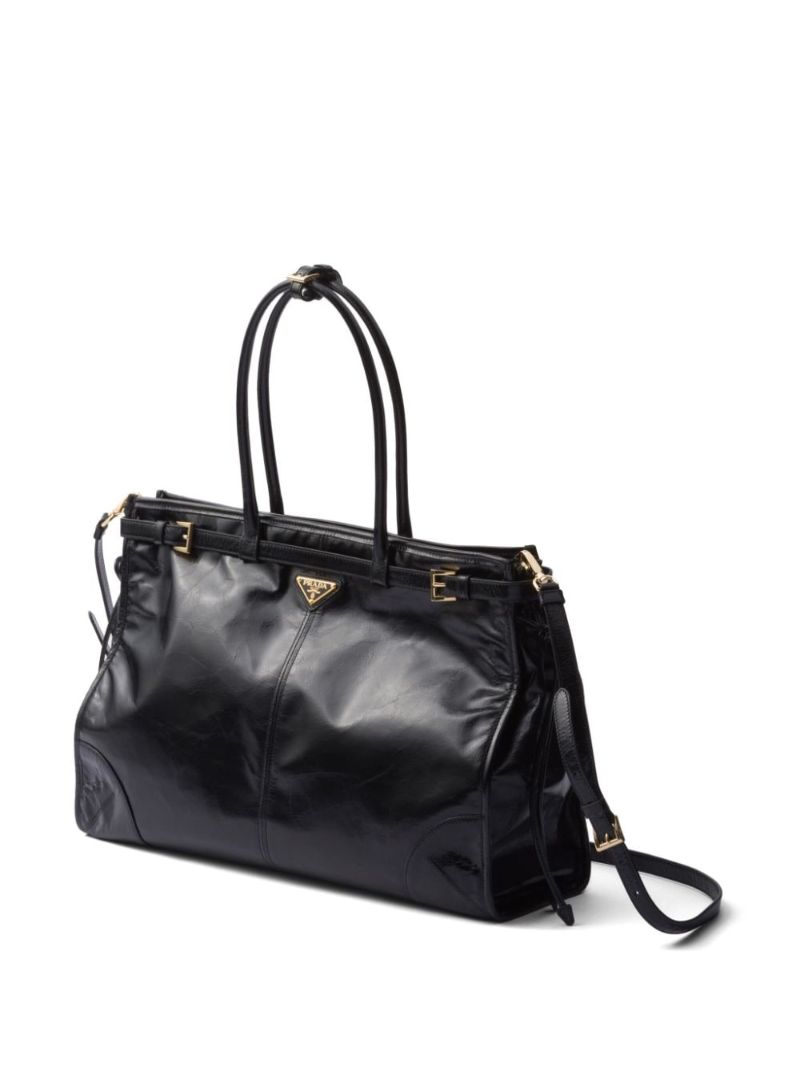 Black Triangle Logo Leather Tote Bag