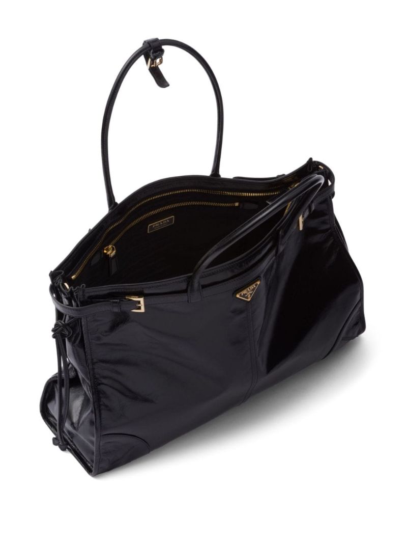 Black Triangle Logo Leather Tote Bag