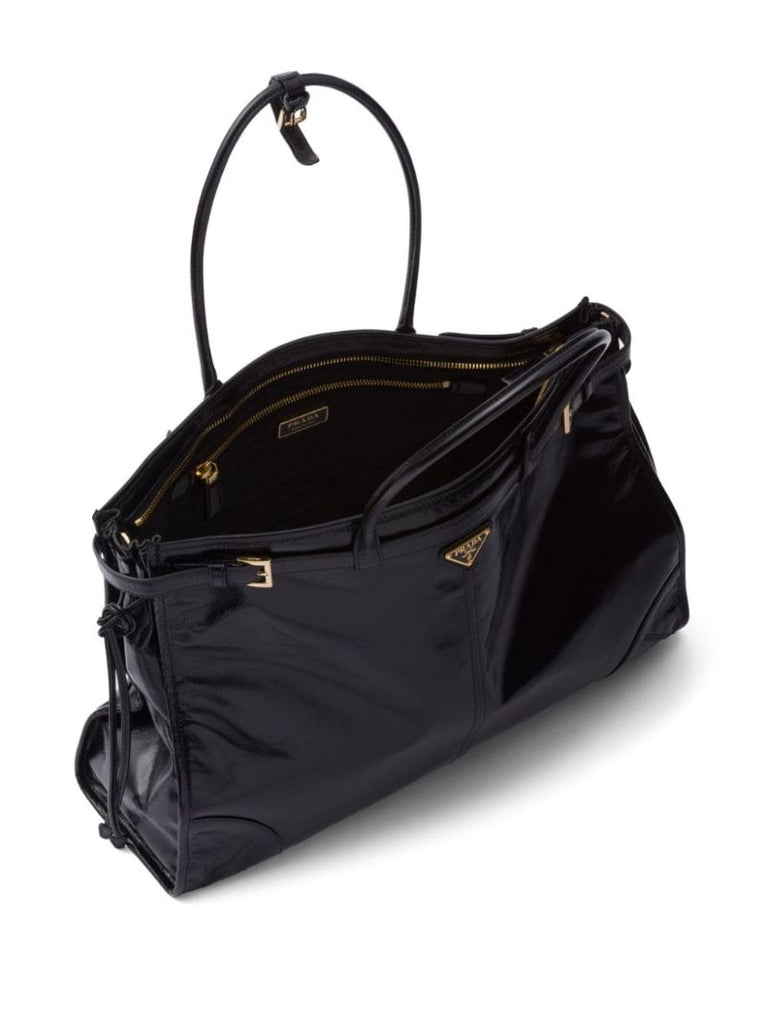 Black Triangle Logo Leather Tote Bag