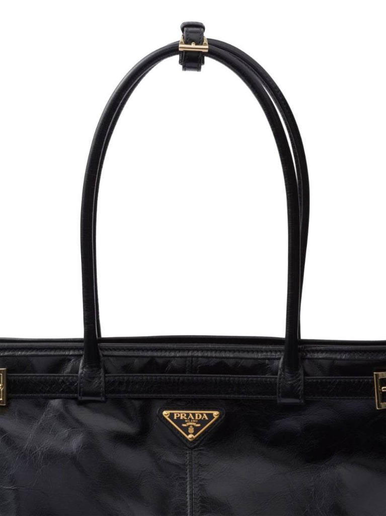 Black Triangle Logo Leather Tote Bag