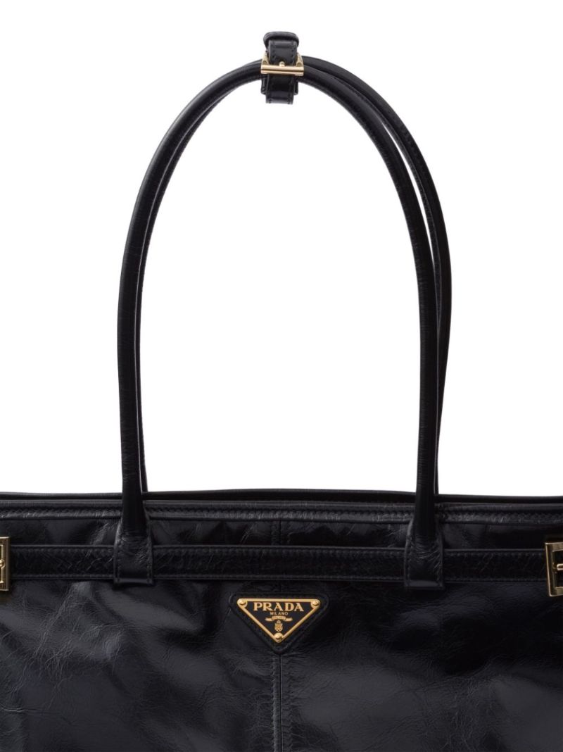 Black Triangle Logo Leather Tote Bag