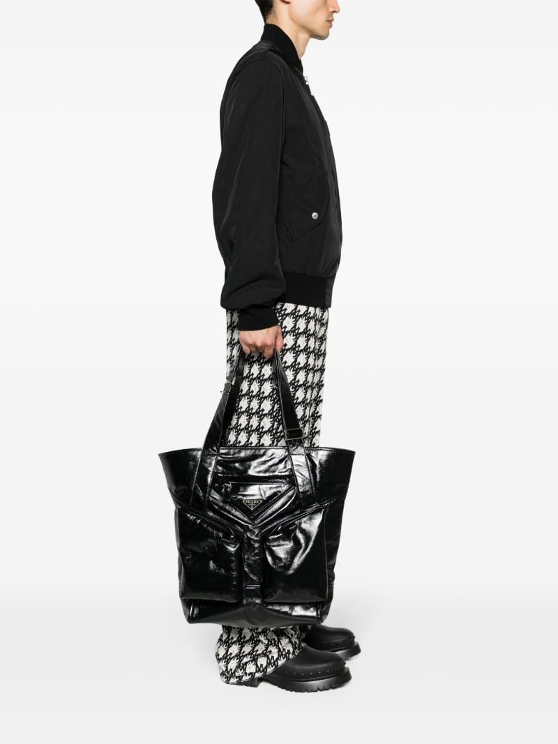 Black Padded Pockets Patent Leather Tote Bag