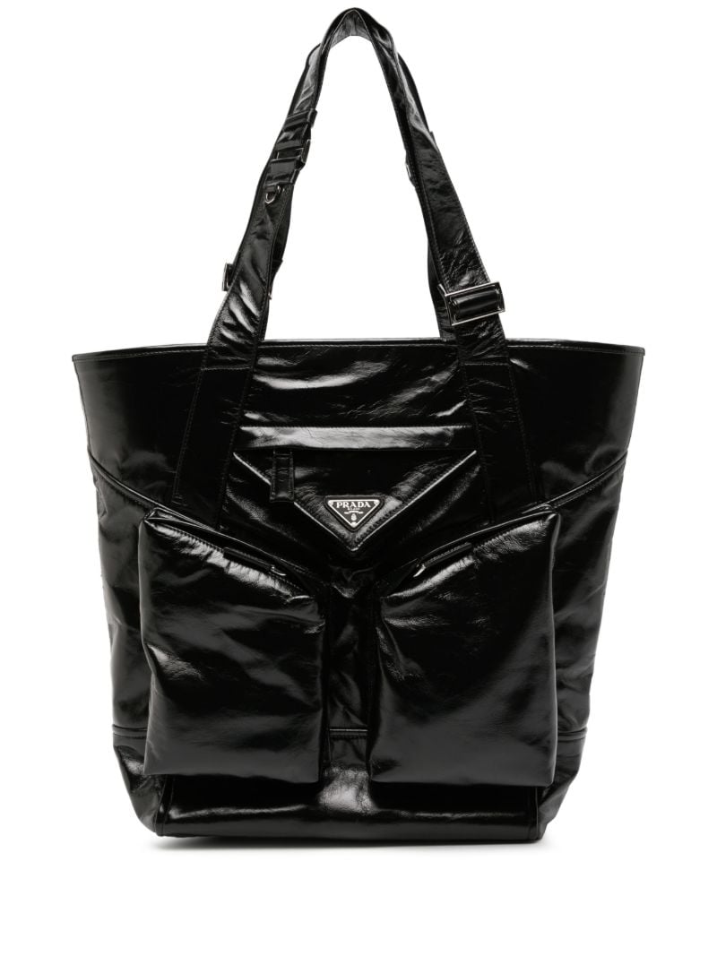 Black Padded Pockets Patent Leather Tote Bag