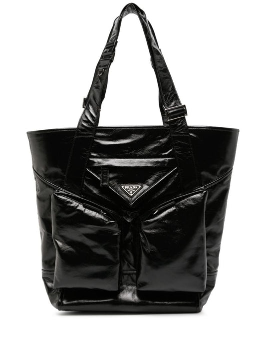 Black Padded Pockets Patent Leather Tote Bag