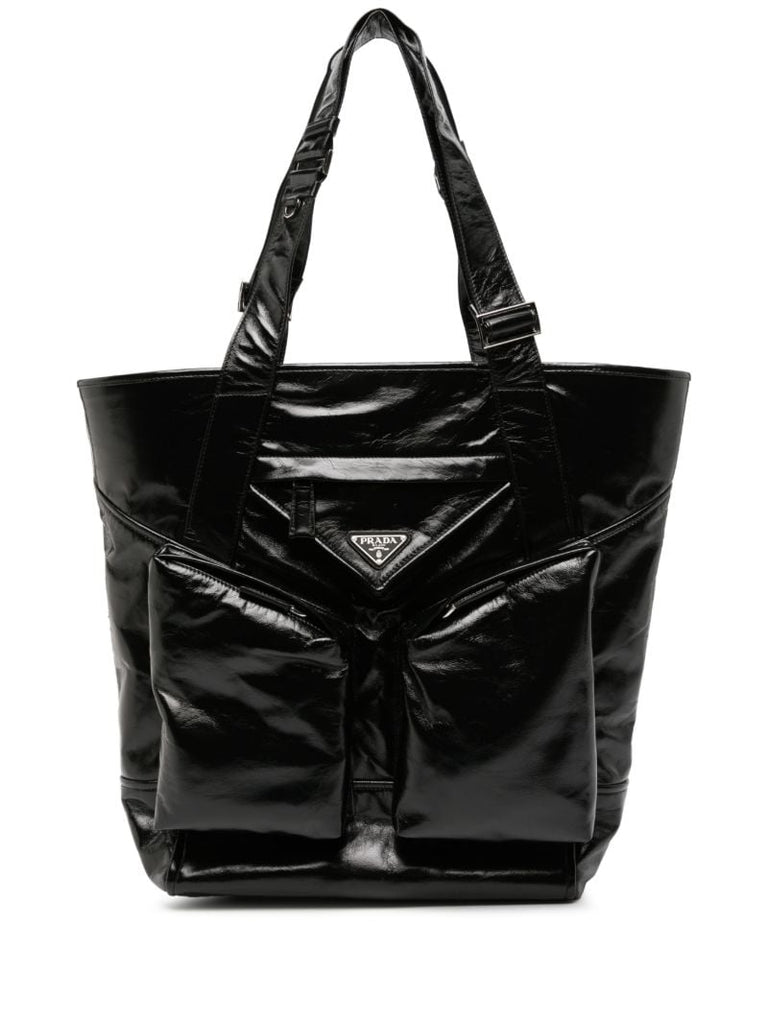 Black Padded Pockets Patent Leather Tote Bag