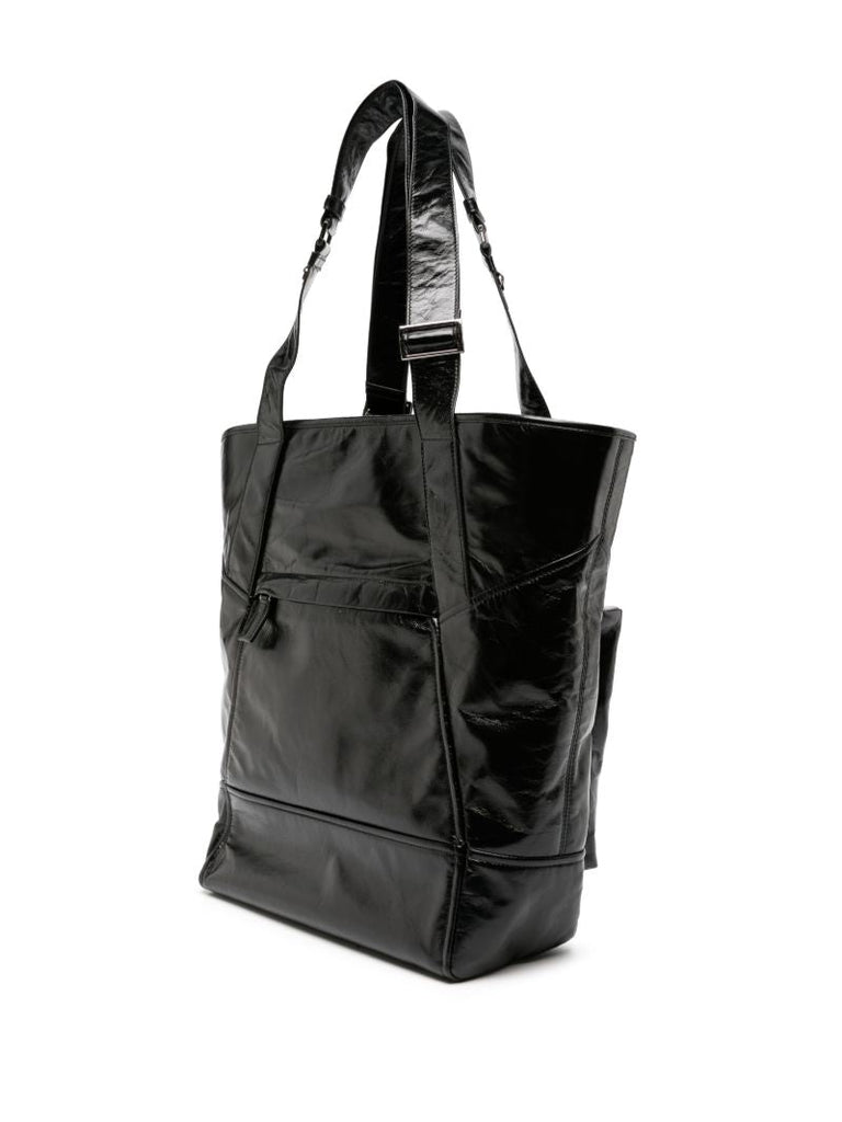 Black Padded Pockets Patent Leather Tote Bag