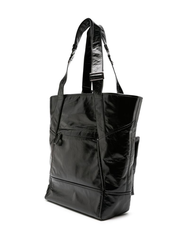 Black Padded Pockets Patent Leather Tote Bag
