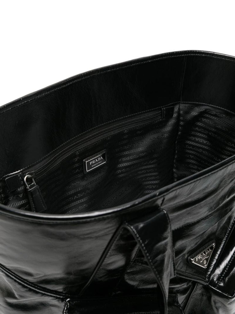 Black Padded Pockets Patent Leather Tote Bag