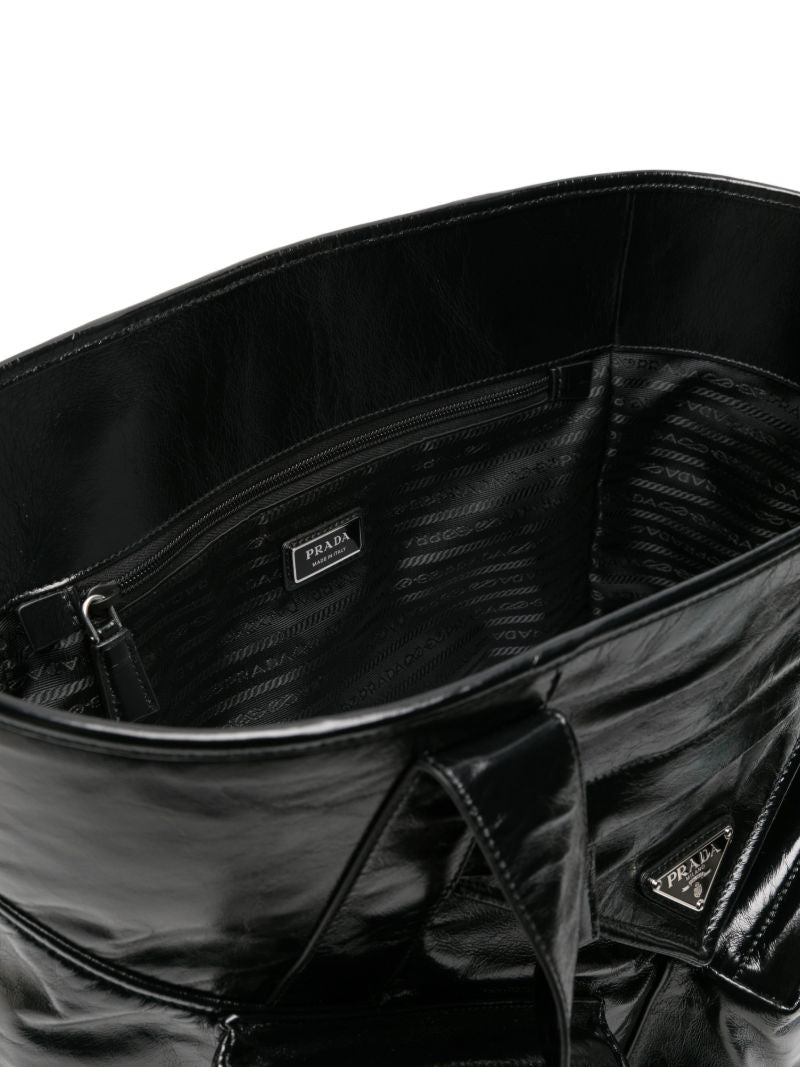 Black Padded Pockets Patent Leather Tote Bag