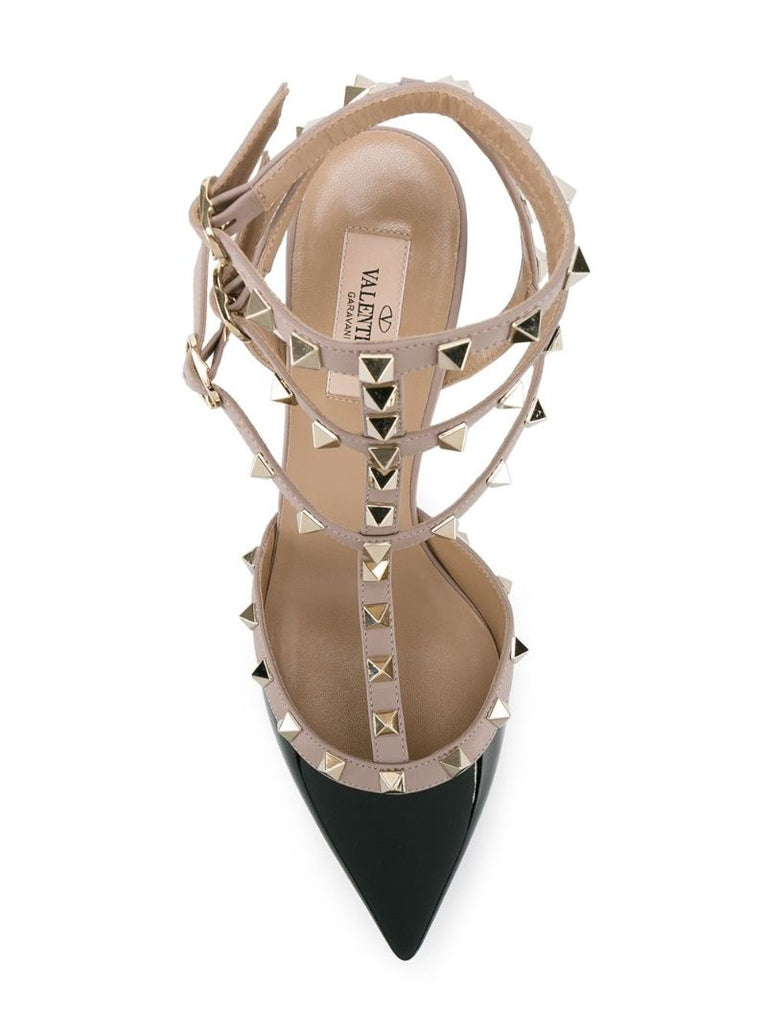 Black 65 Rockstud Ankle Strap Leather Pumps