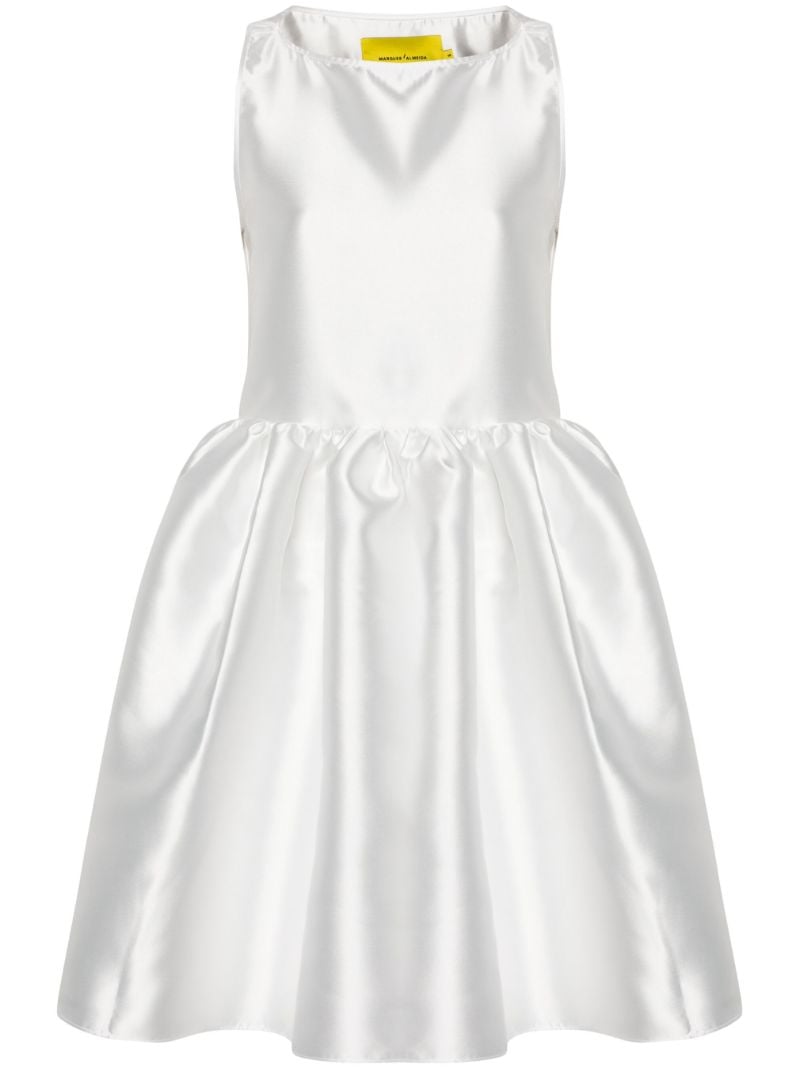 White Puffball-hem Satin Midi Dress